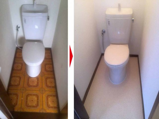 賃貸アパート トイレ内装リフォーム／便器タンクが新しくても床材が旧式では、、、予算により給排水工事不要で内装のみも承ります！