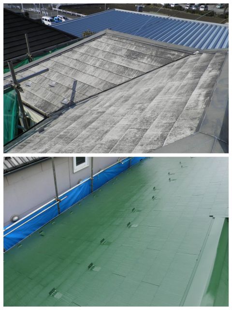 【屋根の塗装、施工前と、施工後です】
