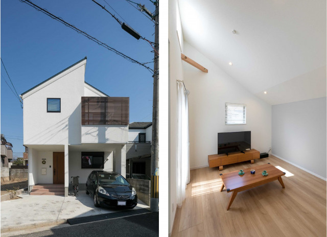 木造２階建て新築の設計をさせて頂いた一戸建て住宅(4ＬＤＫ)のリピート外壁・内装のリモデリング工事 ： 外壁は、白の吹付け塗装をご提案しました。