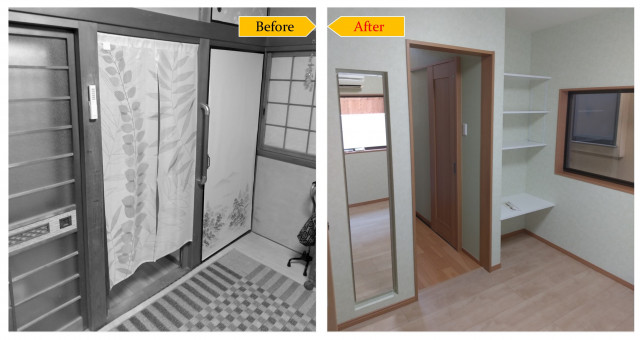お母様のために和室やトイレを使い勝手良くしたいと言うご相談でした。和室から洋室へ改修をご提案し、和室内装ドアとトイレの開き戸を片引きドアに変更して介護保険の住宅改修申請をさせて頂きました