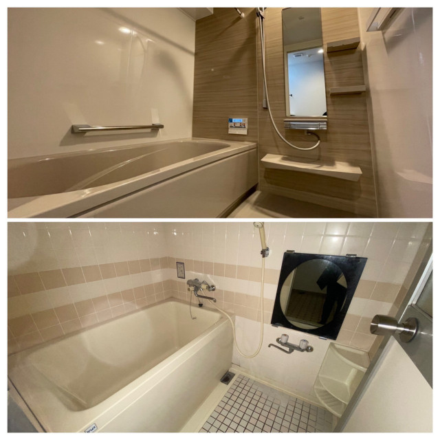 タイル張りの浴室をタカラスタンダード製システムバスに新設。ベージュで統一され落ち着いた空間になりました。
