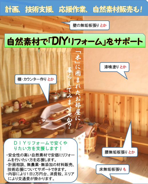 DIYリフォームを安く！ 安全性の高い自然素材にて計画相談、技術応援サポートします。 無農薬・無添加の材料販売、食品ロスならぬ木材ロス。捨てるにはもったいない！」 新品在庫や端材を材料無料サポート