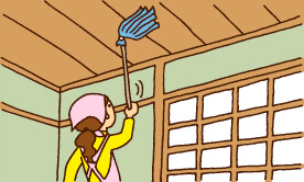 天井に長い柄のついたはたきをかけている