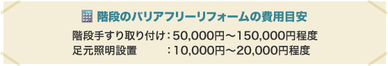 階段のバリアフリーリフォームの費用目安 階段手すり取り付け：50,000円〜150,000円程度 足元照明設置  　　：10,000円〜20,000円程度