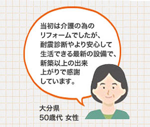 当初は介護の為のリフォームでしたが、耐震診断やより安心して生活できる最新の設備で、新築以上の出来上がりで感謝しています。 大分県50歳代 女性