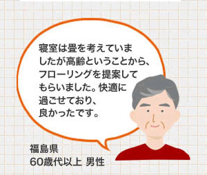 寝室は畳を考えていましたが高齢ということから、フローリングを提案してもらいました。快適に過ごせており、良かったです。（福島県 60歳代以上 男性）