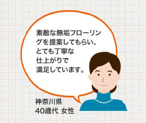 素敵な無垢フローリングを提案してもらい、とても丁寧な仕上がりで満足しています。（神奈川県 40歳代 女性）