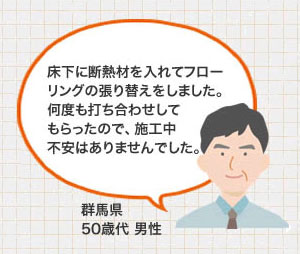 床下に断熱材を入れてフローリングの張り替えをしました。何度も打ち合わせしてもらったので、施工中不安はありませんでした。（群馬県 50歳代 男性）