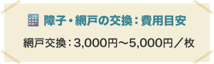 障子・網戸の交換：費用目安 網戸交換：3,000円～5,000円／枚