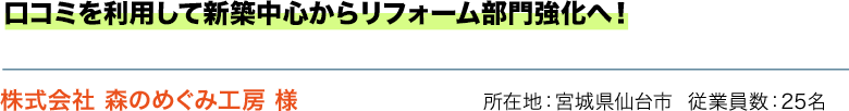 口コミを利用して新築中心からリフォーム部門強化へ！ 株式会社 森のめぐみ工房 様 所在地：宮城県仙台市  従業員数：25名